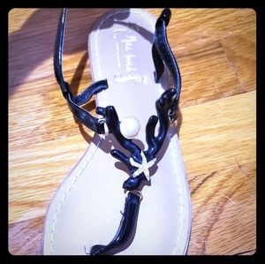 Black coral, pearl and rhinestone buckle sandals